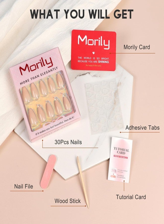 morily أظافر موريلي اللاصقة متوسطة الحجم - أظافر صناعية بلون اللوز الطبيعي، أظافر صناعية وردية لامعة بلون موحد، متوفرة بـ 15 مقاسًا، أظافر لاصقة طويلة للنساء - 30 قطعة - Image 2